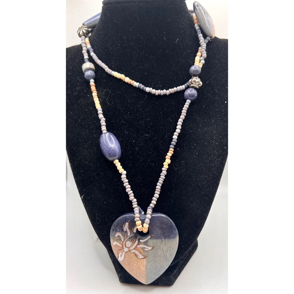 Boho Heart Pendant Necklace 32" Wood Beaded Long Statement‎ - Picture 3 of 8